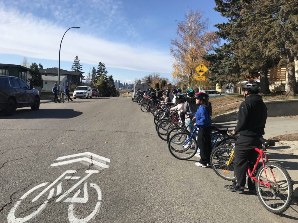 Students of Father Lacombe explore sharrows in SE Calgary