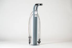 A silver public bike repair stand