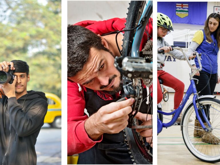 three side by side images of a photographer, bike mechanic and a cycling instructor